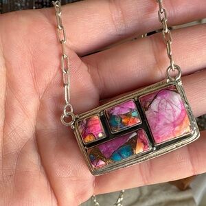 Sterling Silver Pink Dhalia Cluster Bar Necklace